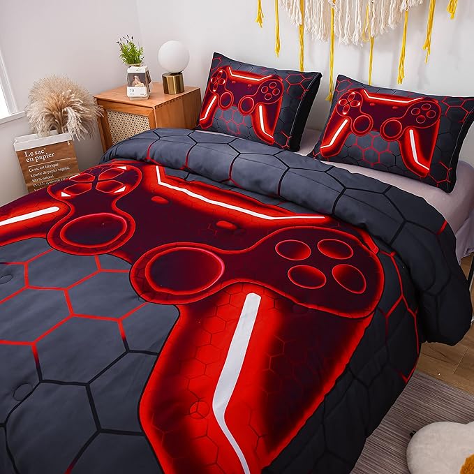 NTBED Game Console Comforter Set for Boys Girls Kids 3D Gaming Geometric Lightweight Microfiber Bedding Sets (Red, King)