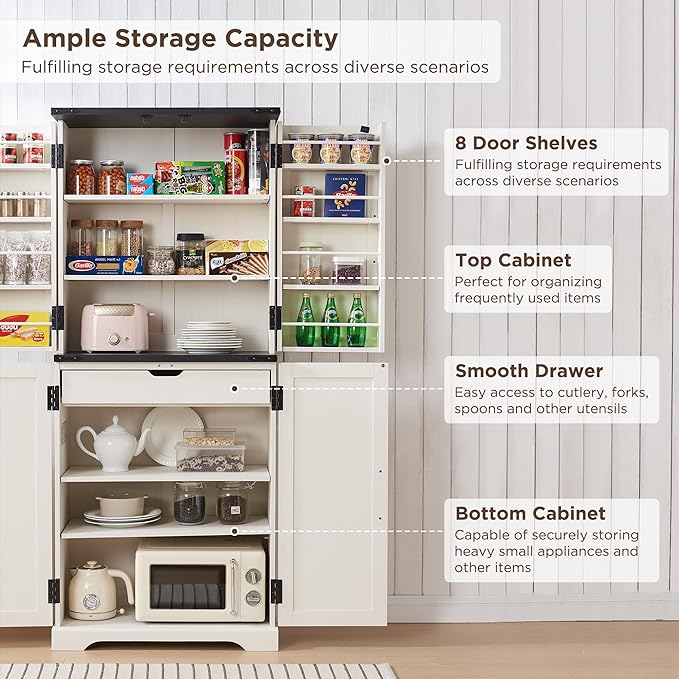 72" Tall Kitchen Pantry, Farmhouse Storage Cabinet with Barn Doors, Organizer, Drawer and Adjustable Shelves, Rustic Wood Cupboard for Kitchen, Dining Room, Bathroom, Off White