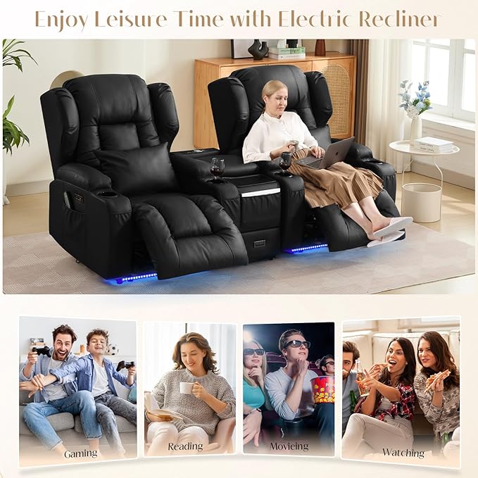 Wall Hugger Power Recliner Chair, Home Theater Seating Electric Recliing Sofa with Massage & Heat, Cup Holder, USB Port, LED Ambient Light, Storage for Living Room (Black, 2 Chairs)