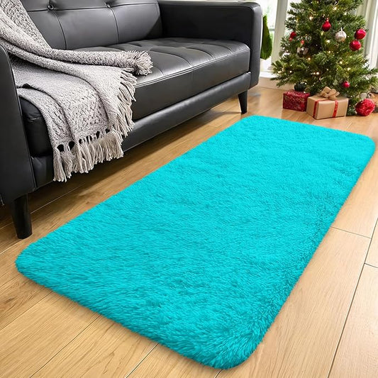 OLANLY 2x4 Machine Washable Runner Rugs for Hallway, Soft Fluffy Shaggy Bedside Rugs for Bedroom, Living Room, Indoor Floor Carpet for Kids Girls Boys, Nursery Rooms, Home Decor Aesthetic, Teal Blue