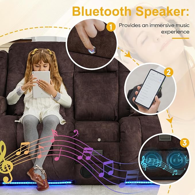 IPKIG 67" Power Reclining Loveseat Sofa, Electric Home Theater Seating with Console/4 Colors Ambient Lighting/Bluetooth Speakers/USB Ports/Built-in Outlets (Velvet-Brown, Loveseat Recliner)