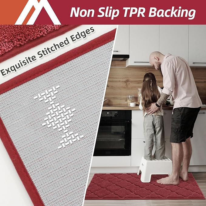 COSY HOMEER Soft Kitchen Rugs [2 PCS] for in Front of Sink Super Absorbent Kitchen Floor Mats and Mats 24x35 Inch/24X60 Non-Skid Kitchen Mat Standing Mat Washable,Polyester,Red