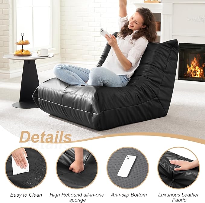 Hobestluk Giant Bean Bag Chair Lazy Floor Sofa, Memory Foam Fireside Sofa for Adults, Big Beanbag Faux Leather Armless Chair for Living Room Bedroom Dorm Office (Black, Single)