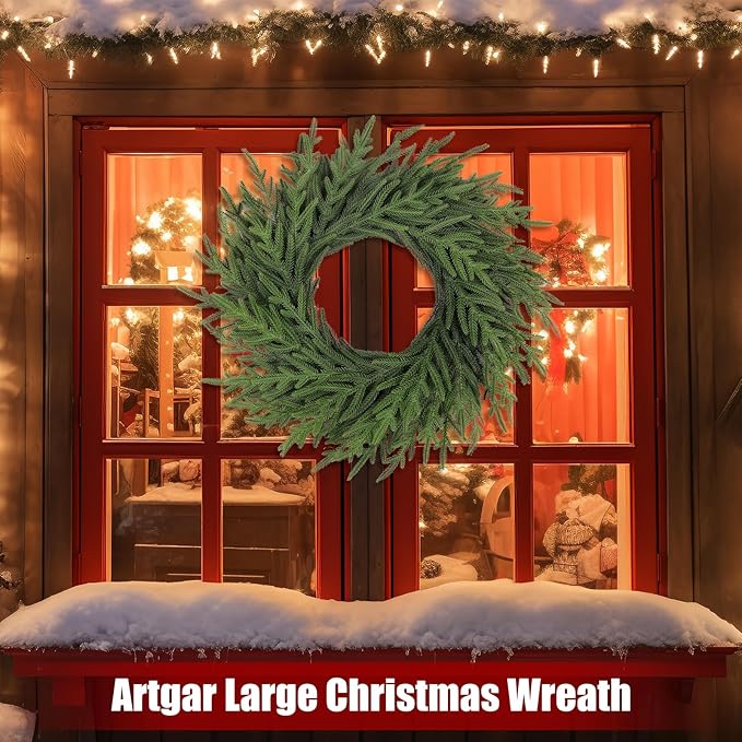 Artgar 26 Inch Pine Wreath - Christmas Wreaths for Front Door - Real Touch Pine Wreath - Large Artificial Green Wreaths for Walls Windows Porches Farmhouse Indoor Outdoor Home Decor (2 Pcs)
