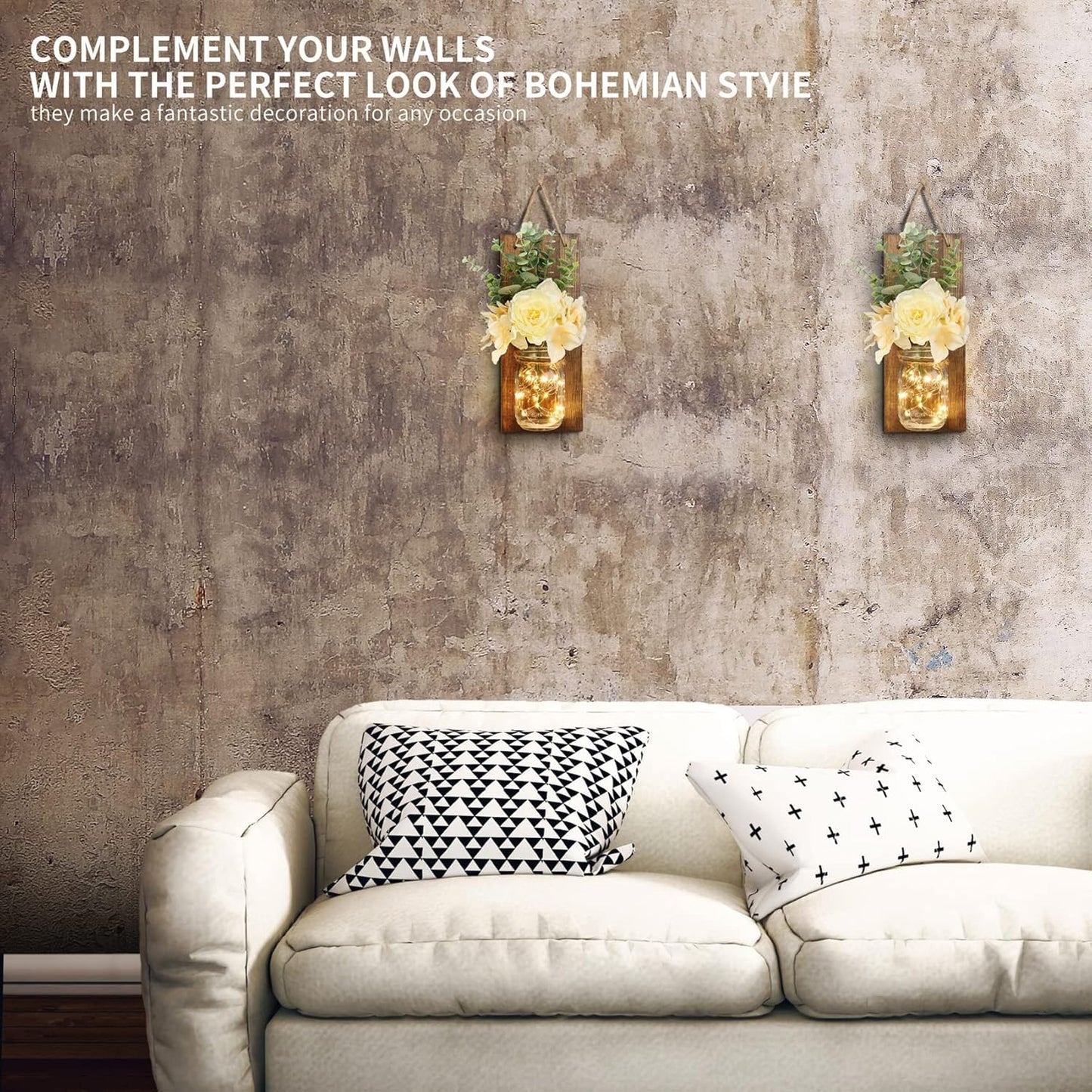 HOMKO Rustic Wall Decor, Mason Jars Wall Sconces, with Remote Control LED Lights and Flowers, Hanging Rural Farmhouse Kitchen Bathroom Bedroom Living Room Home Decor (Set of 2) -Dark Brown