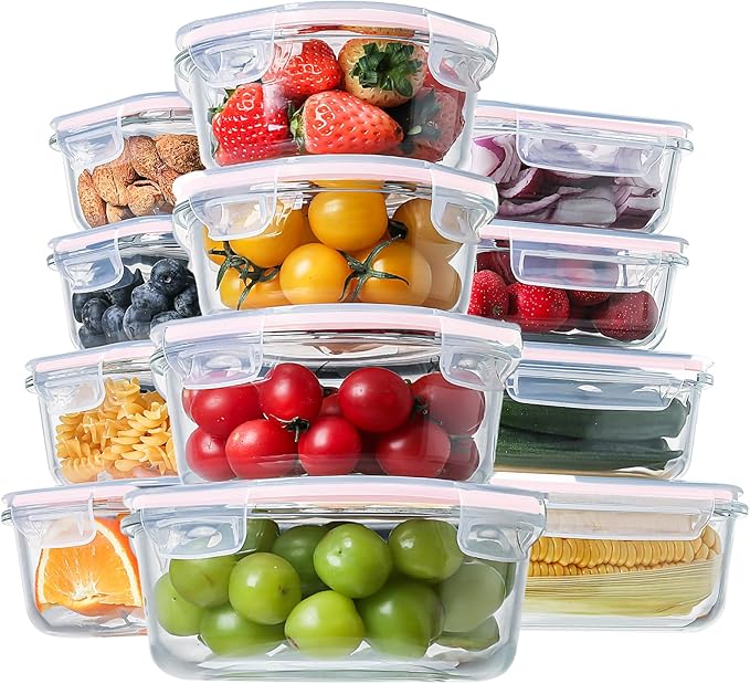 HOMBERKING 24pc Glass Food Storage Containers with Lids, Glass Meal Prep Containers, Airtight Glass Bento Boxes, BPA Free & Leak Proof, Pantry Kitchen Storage(12 lids & 12 Containers) - Pink