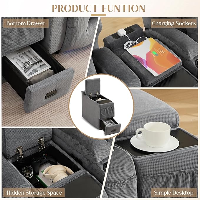 Recliner Side Table for Power Recliner Chair, Home Theater Seating Electric Recliing Sofa with Massage & Heat, Cup Holder, USB Port, LED Ambient Light, Storage (Grey, Console Table Only)