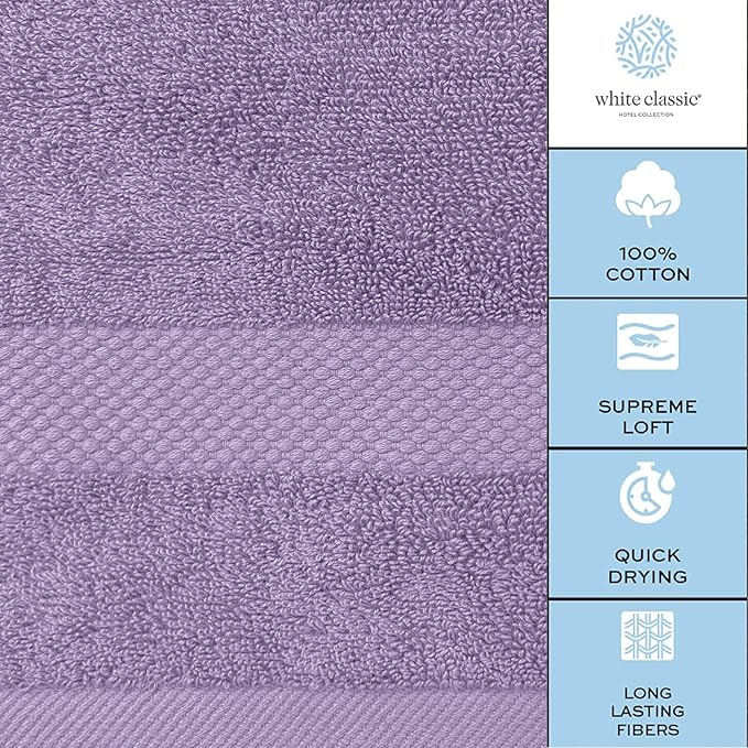 White Classic Luxury Bath Towel Set of 8 Pieces - 100% Turkish Cotton Highly Absorbent Towels for Bathroom, 2 Luxury Bath Towels 700GSM, 2 Hand Towels, 4 Washcloths, Lavender
