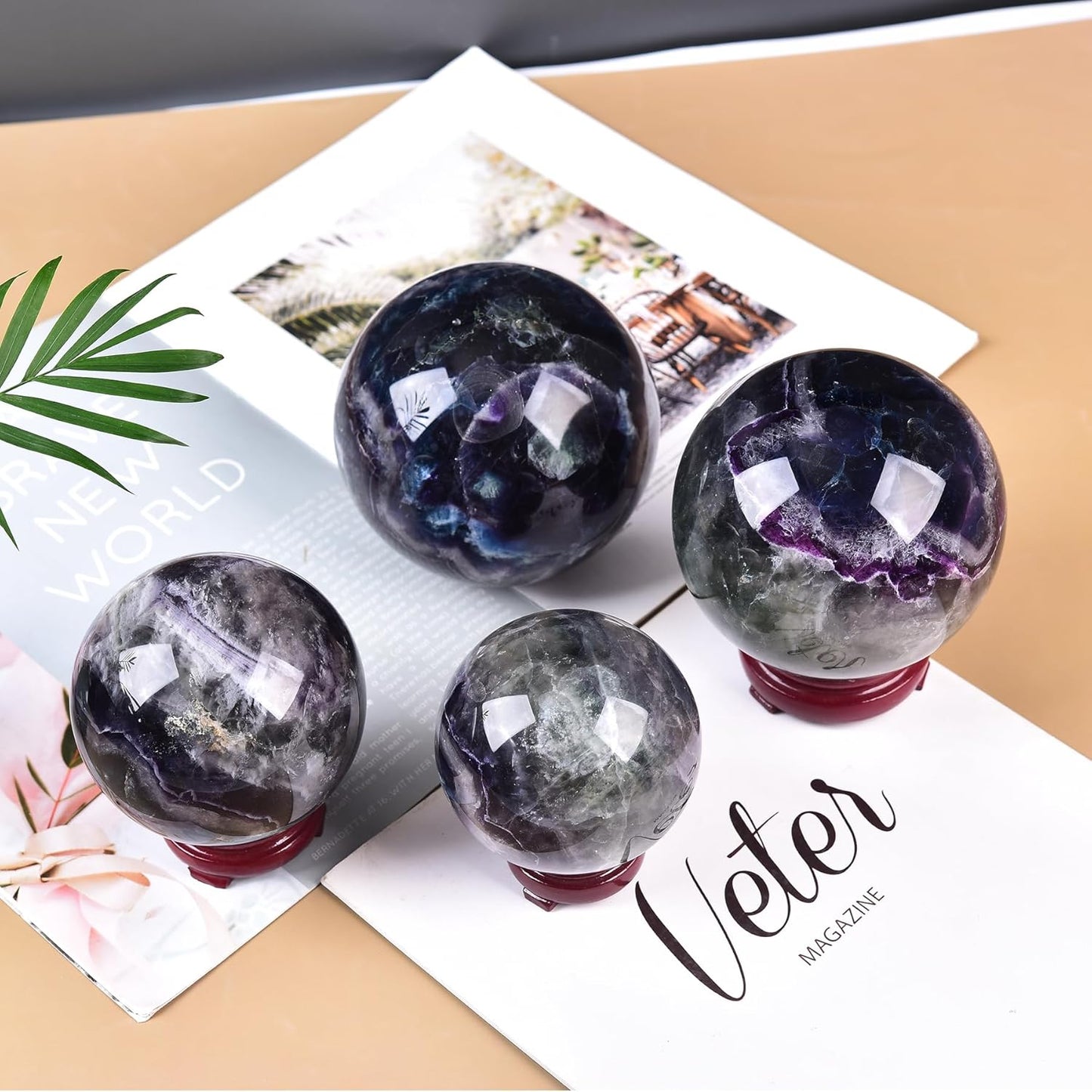 JIC Gem Large Colorful Fluorite Crystal Sphere Ball with Wooden Stand Fluorite Healing Decorative Ball 100-110mm