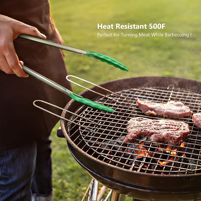 Set of 2 Kitchen Tongs, Premium Stainless Steel Locking 9-Inch & 12-Inch Silicone Grilling Barbeque Cooking Food Tong, Dark Green