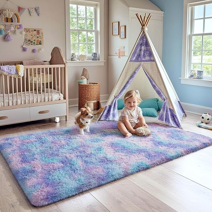 Ophanie Girls Room Rug Rainbow Purple Mermaid Rugs for Bedroom, Fluffy Soft Cute Fuzzy Area Rugs, Shag Plush Shaggy Bedside Floor 4x6 Furry Carpet for Kids Baby Teen Dorm Nursery Home Decor Aesthetic