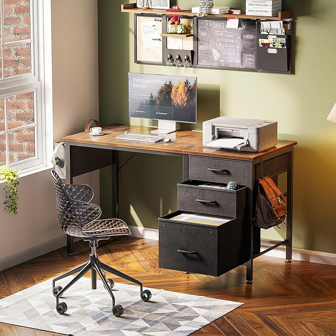 Casaottima 40-Inch Small Computer Desk with Fabric Drawers & File Cabinet, Home Office Desk with Cloth Storage Bag and Hook, Writing Study Work Table for Small Space, Vanity Desk for Bedroom, Vintage