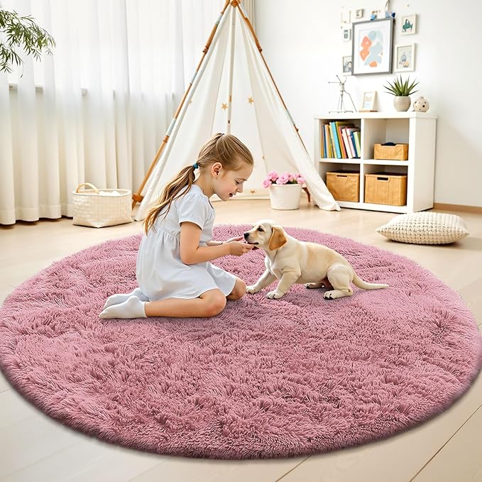OLANLY Pale Pink Round Rugs for Bedroom - Machine Washable, 7 ft Circle Area Rugs for Living Room, Soft and Fluffy Shaggy Carpet for Teen Girls and Boys, Nursery Rooms, Dorms, Home Decor Aesthetic
