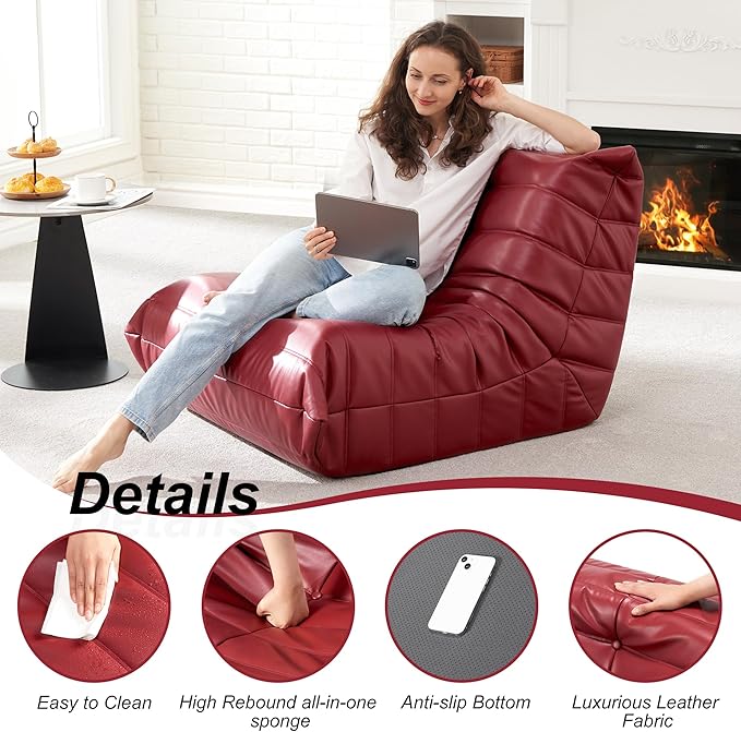 Hobestluk Giant Bean Bag Chair Lazy Floor Sofa, Memory Foam Fireside Sofa for Adults, Big Beanbag Faux Leather Armless Chair for Living Room Bedroom Dorm Office (WineRed, Single)