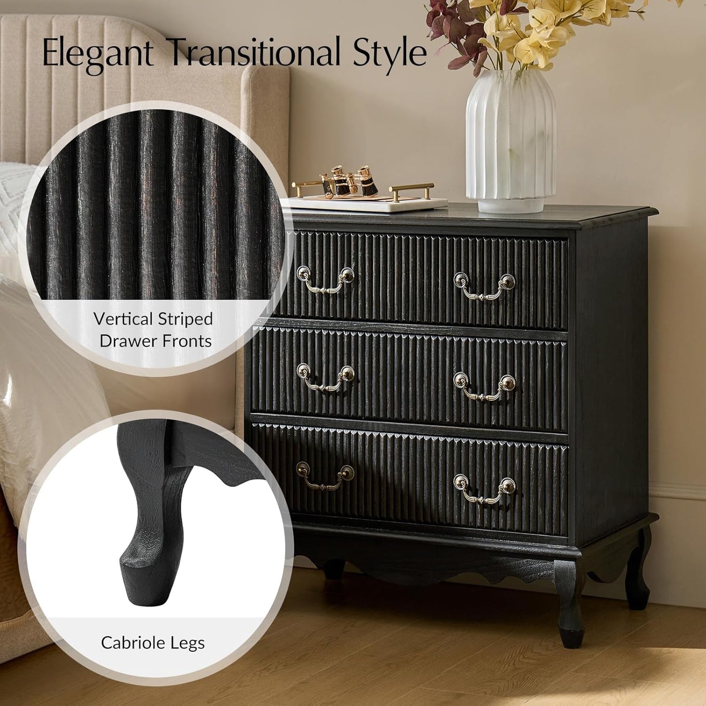 HULALA HOME Transitional Nightstand with 3 Drawers and Charging Station, 28" Solid Paulownia Wood Nightstand with Fluted Front Design, Charcoal