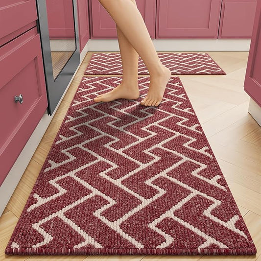 hicorfe Kitchen Rugs and Mats Sets,2 Pieces Non-Slip Absorbent 100% Polypropylene Kitchen Mats for Floor,Comfort Kitchen Runner Mat,Washable for Kitchen,Sink,Laundry(20" x 31.5" Plus 20" x 48",Red)