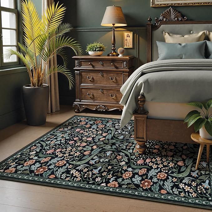 Lahome Floral 5x7 Rug for Living Room, Soft Washable Area Rugs for Bedroom, Botanical Thin Stain-Resistant Black Boho Carpet for Dining Room, Guestroom, Nursery Indoor