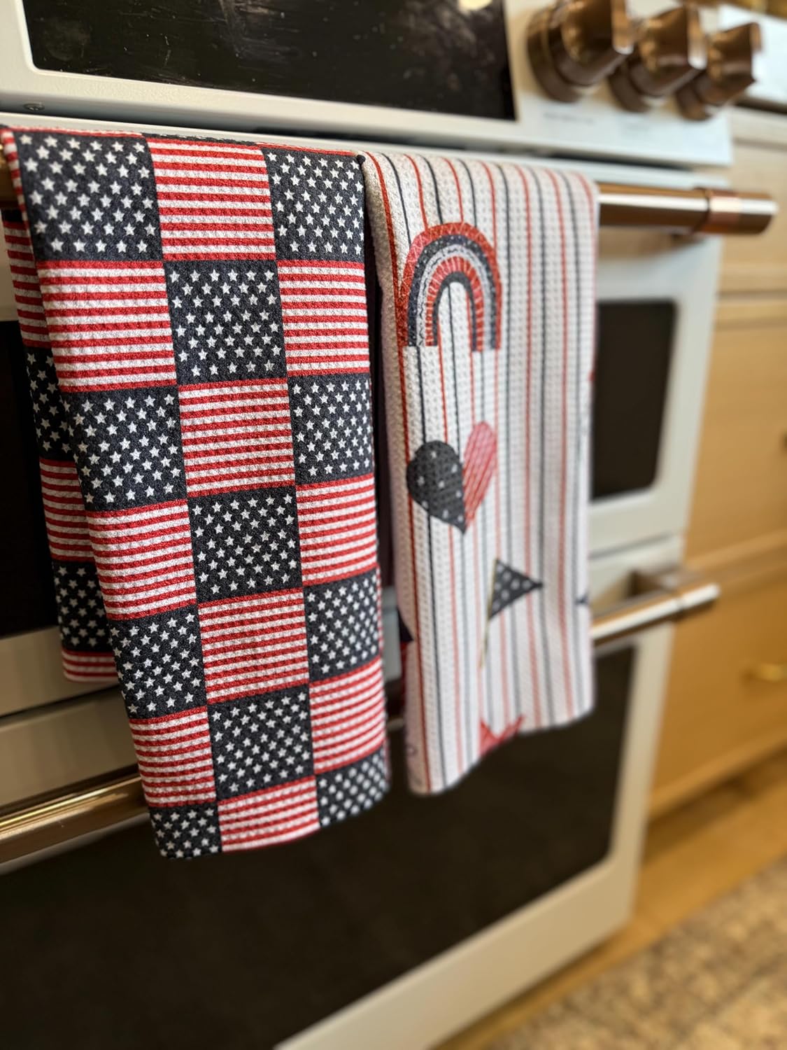 2 Pack|| Double Sided || Not Your Ordinary Kitchen Towels || Dish Towels || Quick Dry || Waffle Weave Microfiber || Designer Prints || Highly Absorbent || Hanging Hook (4th of July Navy)