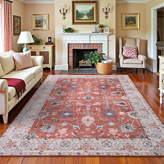 Vasofe 4x6 Rug for Bedroom, Washable Living Room Rugs for Dining Room, Red Indoor Floor Mat, Vintage Floral Mats for Home Decor, Farmhouse, Laundry Room, Non Slip Low Pile Soft Modern Carpet
