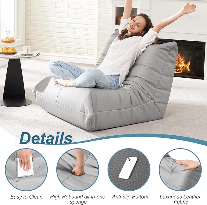 Hobestluk Giant Bean Bag Chair Lazy Floor Sofa, Memory Foam Fireside Sofa for Adults, Big Beanbag Faux Leather Armless Chair for Living Room Bedroom Dorm Office (Light Grey, Single)