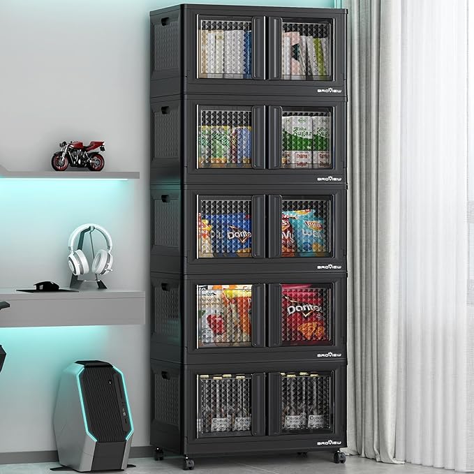 500Qt Stackable Storage Bins with Lids, 125Gal Closet Organizers and Storage Drawer, Plastic Collapsible Storage Bins with Doors, Heavy Duty Store Box Cabinet for Home Kitchen, 5Pack Black