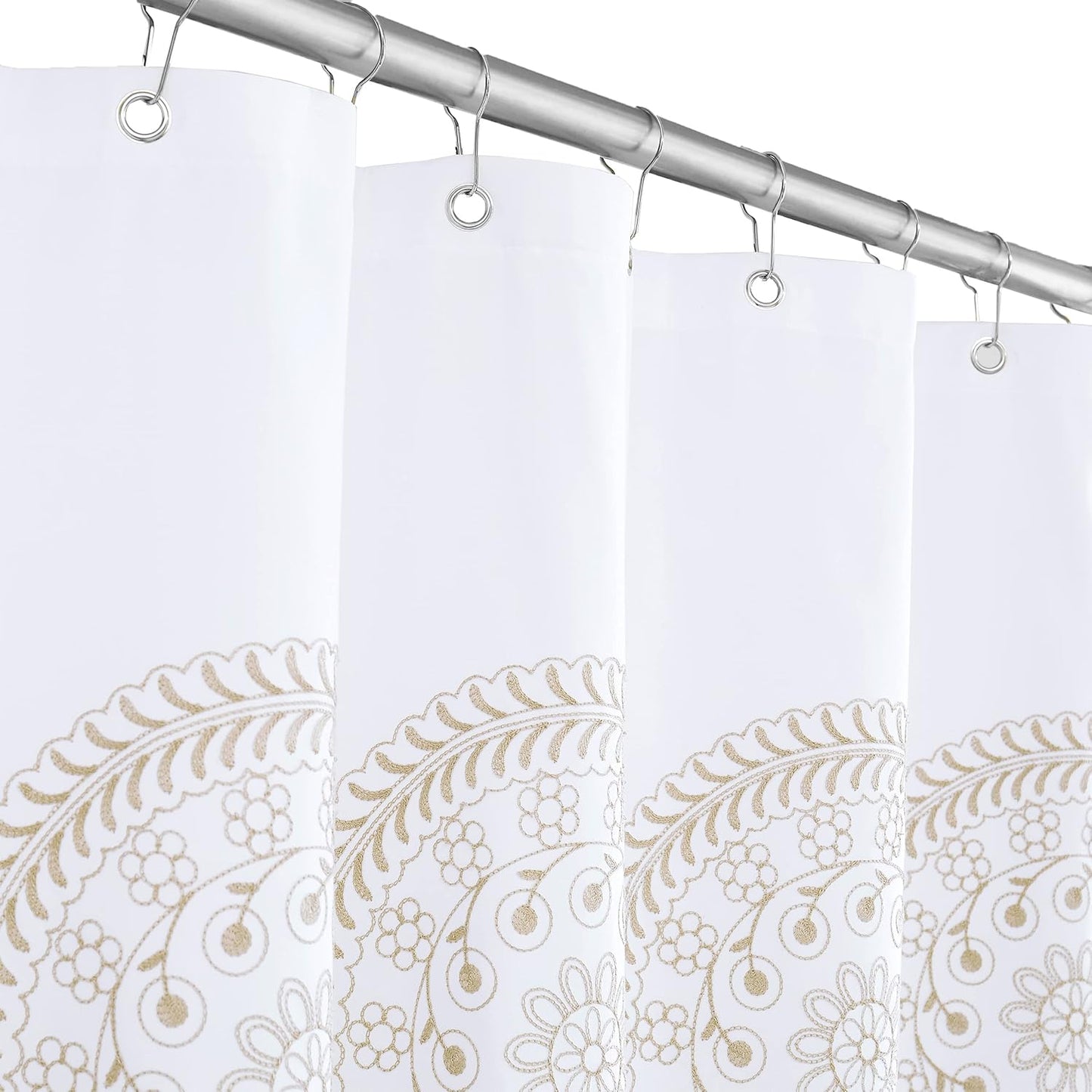 Jubilantex Tan and White Embroidered Shower Curtain for Bathroom, Farmhouse Boho Floral Fabric White and Beige/Ivory/Taupe/Cream Decorative Waterproof Rustic Bath Curtain for Spa Hotel, 70x72 Inches