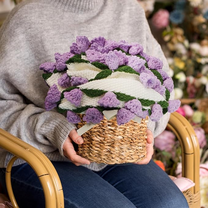 Handmade Crochet Flower Bouquet Blanket - Soft Lightweight Knit Throw for Birthday Wedding Valentines, Ready-to-Use Home Decor Gift (Purple, 43in)
