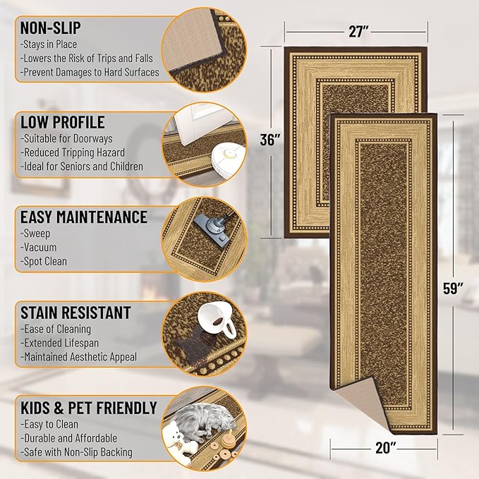 Ottomanson 2-Piece Kitchen Rug Set - Non Slip, Runner & Small Area Rug - Border - 20" x 59" & 2'3" x 3' - Durable, Stain Resistant for Entryway, Bedroom and Bathroom, Brown