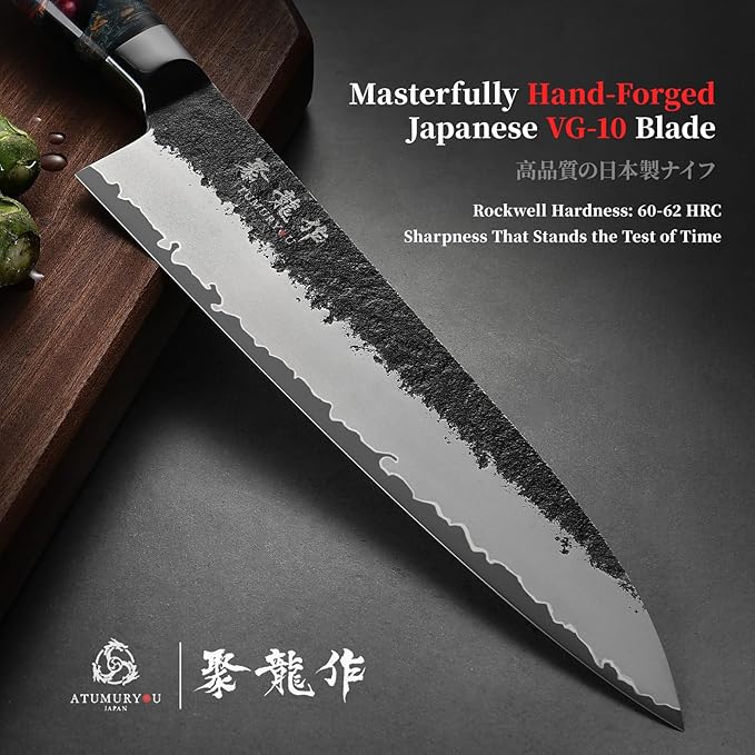 Japanese Chef Knife, 8 Inch Hand Forged Kitchen Knives with VG10 Core, Professional Gyuto Knife for Home & Restaurant, Sanmai Chefs Knives with Ergonomic Red Handle, Cooking Gifts for Men Women