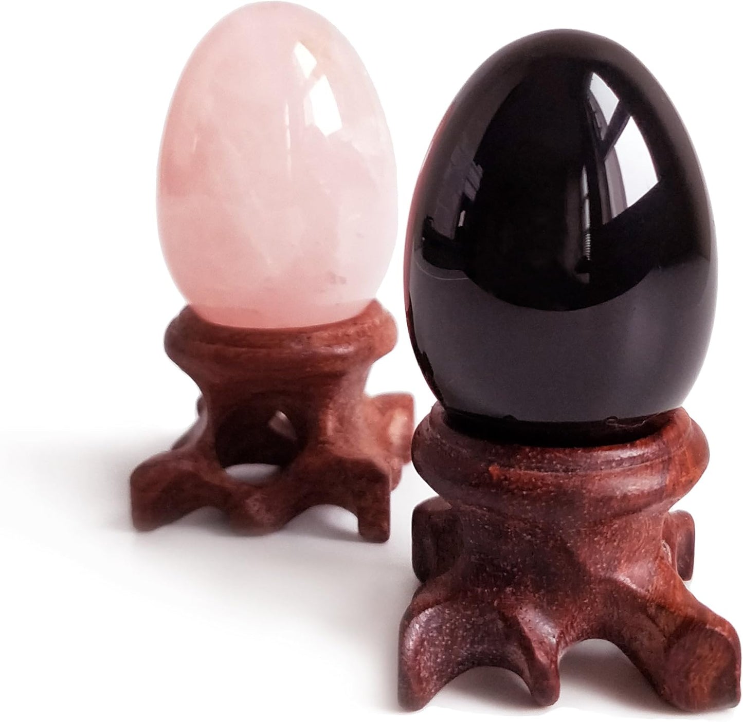 Polar Jade Set of 2 Gemstone Egg Spheres of Rose Quartz & Black Obsidian, Each with Wooden Stand for Healing Meditation Chakra Balancing and Home Decoration (Both M Sizes)