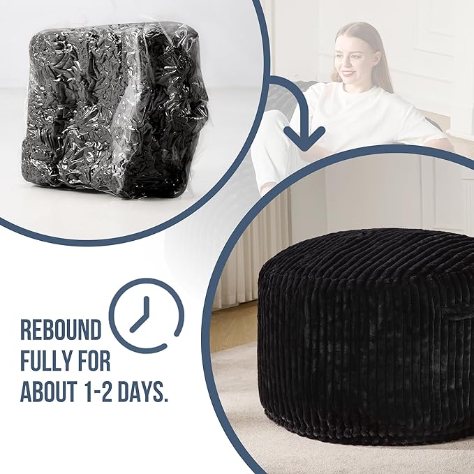 Hobestluk 3ft Bean Bag Chairs for Adults Large Beanbag Chair with Stripe Plush Cover Big Bean Bag Chair for Living Room Bedroom Dorm Office - Black (36” x 36” x 22”)