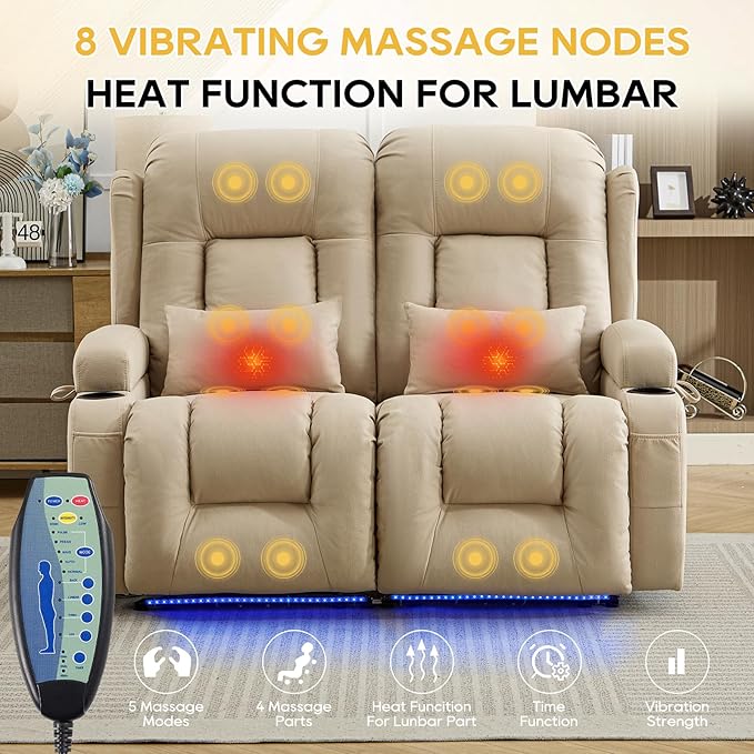 IPKIG 54" Power Reclining Loveseat Sofa, Electric Home Theater Seating with 4 Colors Ambient Lighting/USB Ports/Cup Holders for Living Room, Bedroom, Home, Rvs (Beige, 2 Seater)