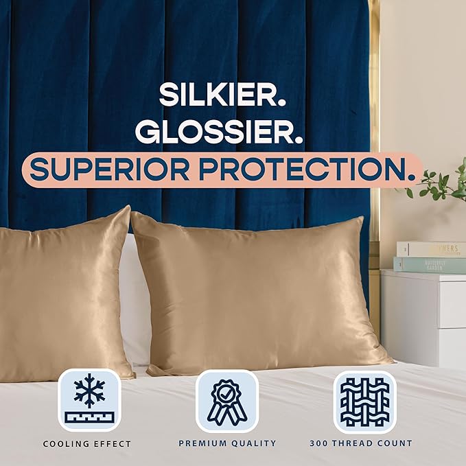 Satin Pillowcase with Zipper, for Hair and Skin Care, Feels Soft and Cool Like a Silk Pillowcase, Beige Satin Pillow Cases 2 Pack, Slik Pillow Cover, Queen Size, Set of 2