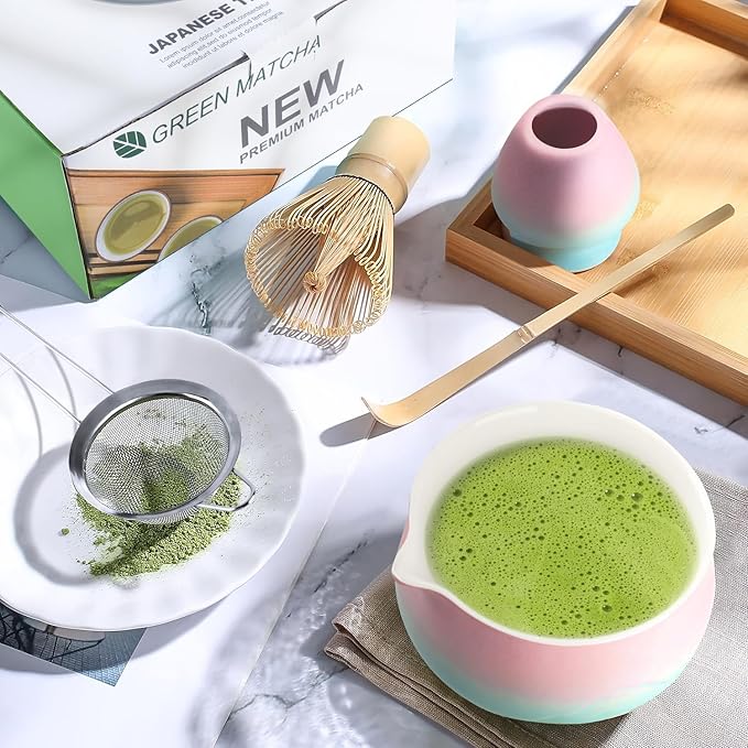 Matcha Whisk Set, Matcha Kit 7 Pcs Includes Bowl, Whisk and Holder, Bamboo Scoop, Scoop Rest, Sifter and Tea Towel, Matcha Kit Set for Tea Ceremony