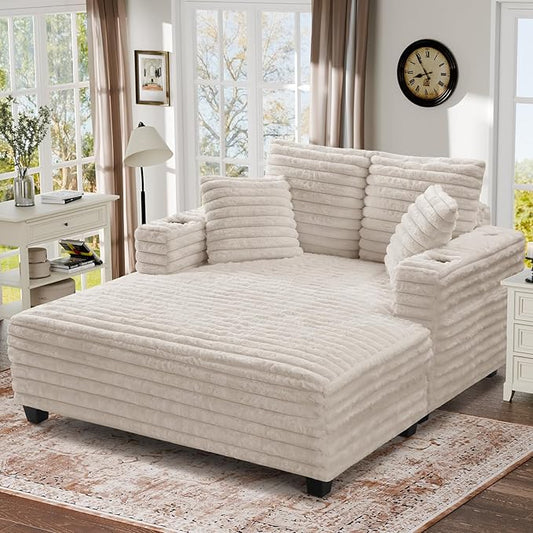 HUSFU 60'' Oversized Chaise Lounge Chair Indoor,Sleeper Cloud Chair,Chaise Lounge Sofa Bed with Cup Holder and Pillows,Plush Chairs Bed for Living Room Bedroom,Beige