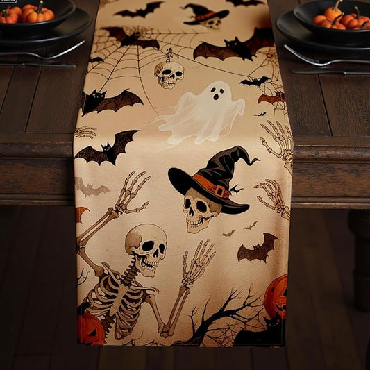 Halloween Table Runner with Ghosts, Bats & Skeletons, Table Decoration for Dining Party and Home Decor,72x13 inches