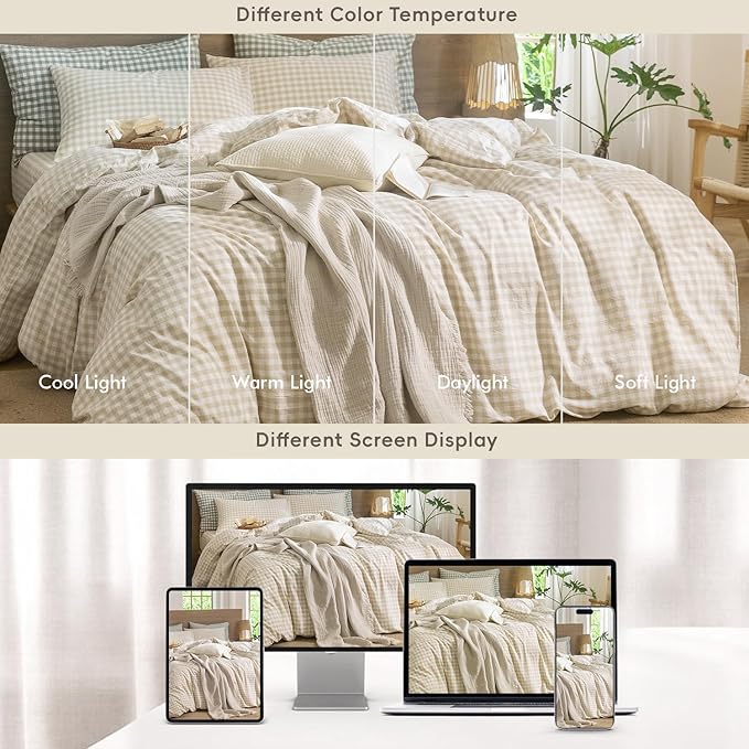 MooMee Gingham Duvet Cover Set 100% Washed Cotton Linen Like Textured Breathable Durable Soft Comfy Modern Checkered Design (Almond Milk Grey Gingham, Twin 68"x90")