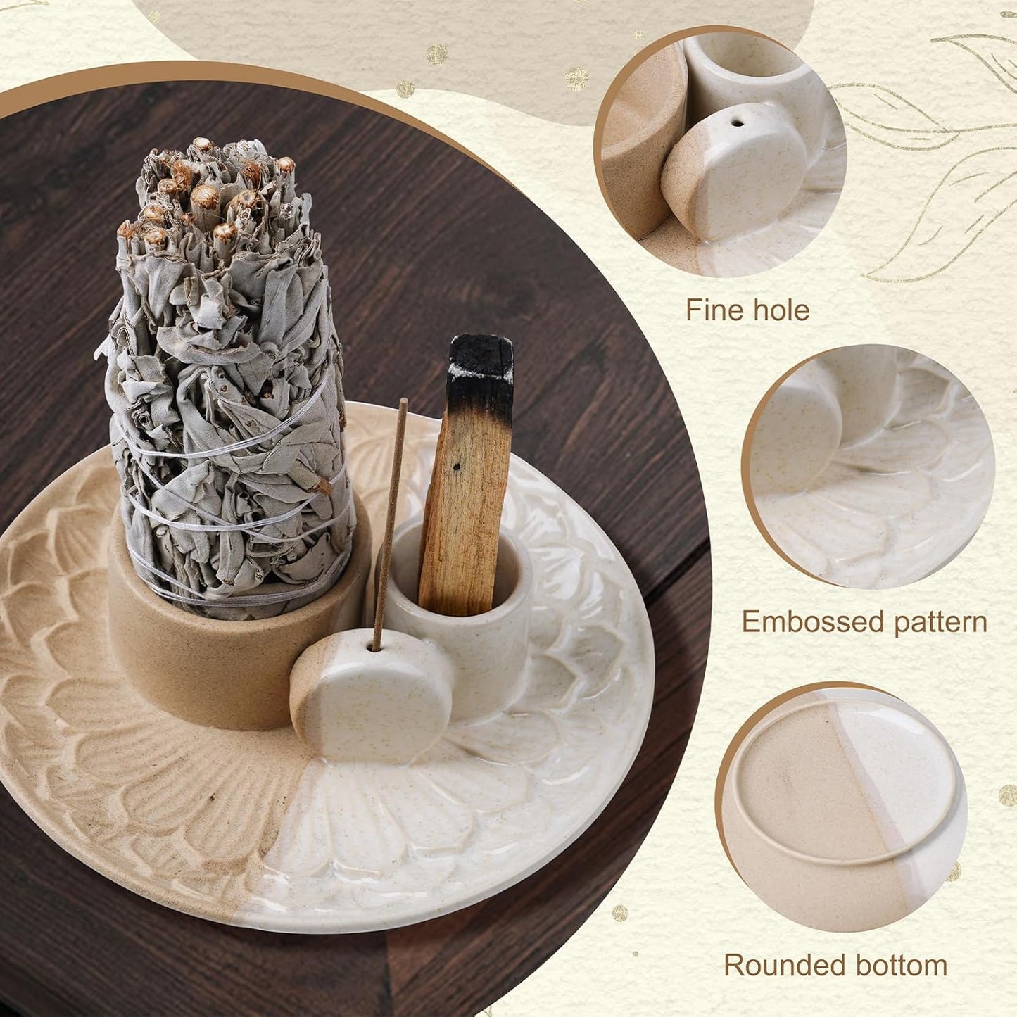 4 in 1 Incense Holder, Ceramic Incense Stick and Palo Santo Holder,Sage Holder for Burning- 5.5" Ceramic Ash Catcher Tray for Meditation and Yoga Room (Sand)