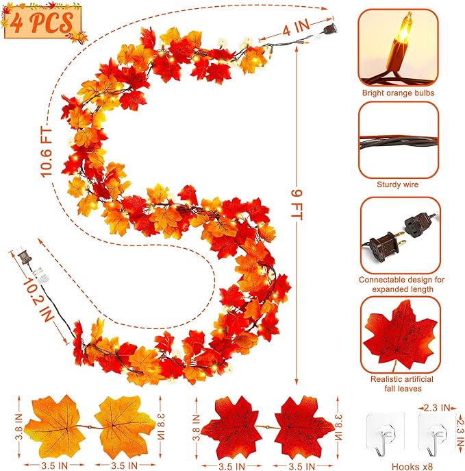 4 Pack Fall Garland with Lights, 36FT Decor, 200 Connectable Orange Bulbs Plug in Fall Decorations for Home, Artificial Maple Leaves Garland with Light for Thanksgiving Halloween Decorations