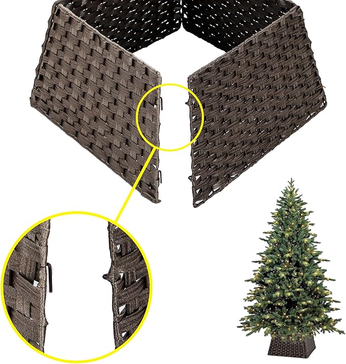 SUNNYPARK Christmas Tree Collar, Handmade Artificial Rattan Wicker Christmas Stand Tree Collar Basket Base Cover for Holiday Decoration-Square Dark Brown