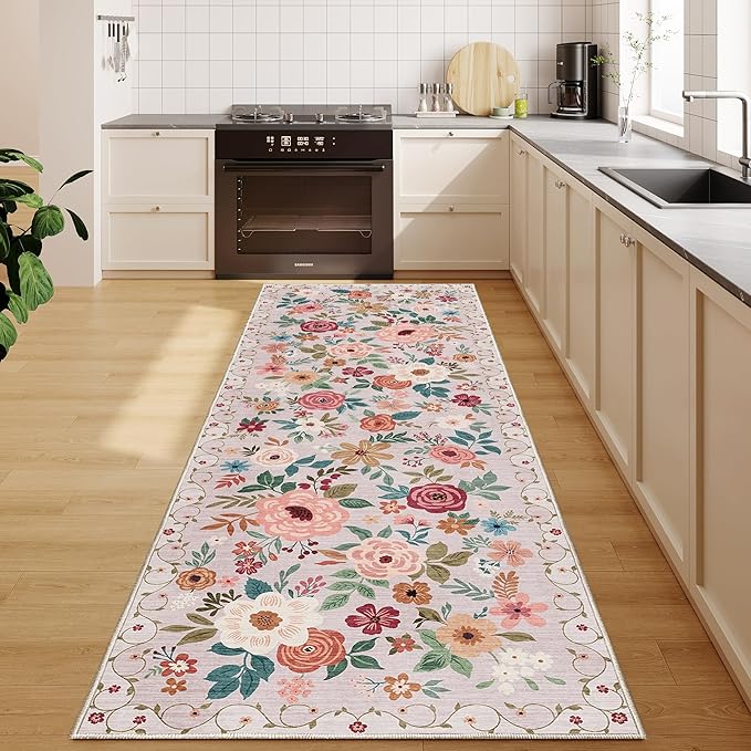 DUKINO 2x6 Runner Rug for Hallway, Washable Kitchen Runner Rug with Non Slip Backing, Low Pile Soft Boho Floral Runner for Kitchen, Hallway, Entryway, Laundry, Bedroom, Beige