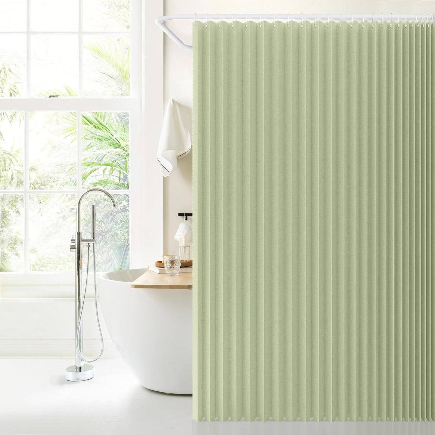 Jubilantex Folding Linen Shower Curtain for Bathroom Sage Waterproof Shower Curtain 1 Panel with 14 Metal Grommets and 1 Tie Back for Hotel,70"x70"