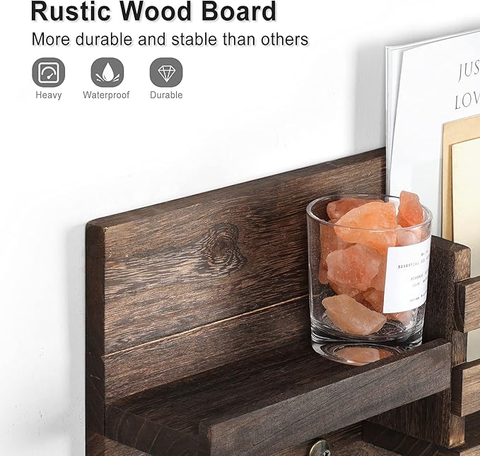 Mail Organizer for Wall Mount – Key Holder with Shelf Includes Letter Holder and Hooks for Coats, Dog Leashes – Rustic Wood with Flush Mounting Hardware (16.5” x 8.7” x 3.5”)