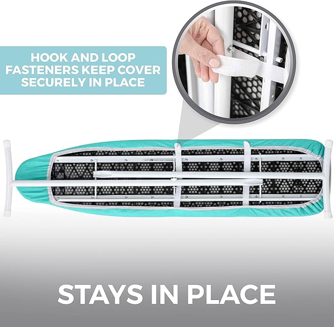 HOME GENIE Ironing Board Cover, Silicone Coating, Full Size Scorch Resistant Padding, Elastic Edge Heavy Duty Iron Pad Covers Standard Boards, Hook and Loop Fastener Strap Extra Thick, Turquoise