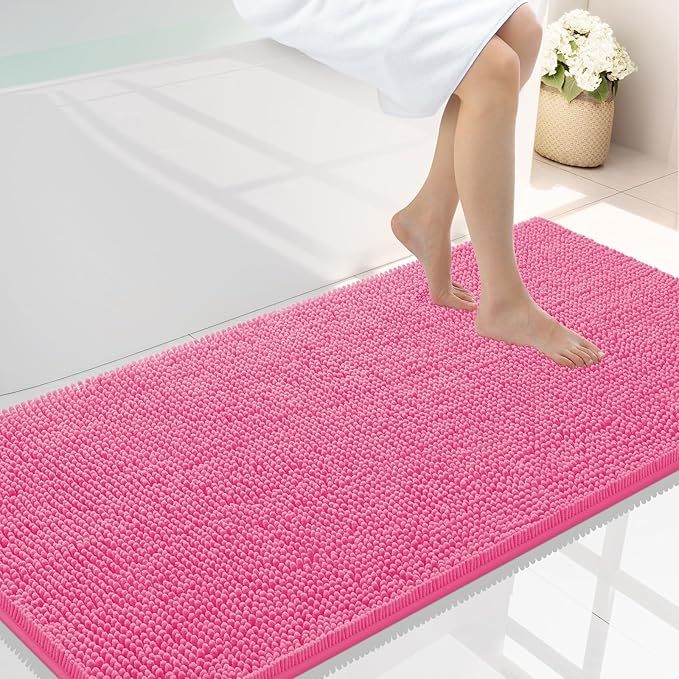 Smiry Luxury Chenille Bathroom Rugs 44x24, Extra Soft and Absorbent Shaggy Bath Mat, Machine Washable, Non-Slip Plush Carpet Runner for Tub, Shower, and Floor, Home Decor Accessories, Hot Pink