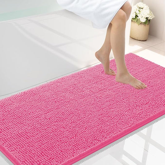 Smiry Luxury Chenille Bathroom Rugs 44x24, Extra Soft and Absorbent Shaggy Bath Mat, Machine Washable, Non-Slip Plush Carpet Runner for Tub, Shower, and Floor, Home Decor Accessories, Hot Pink