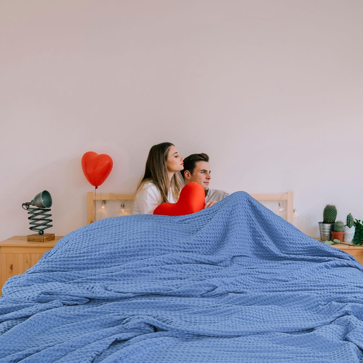 HILLFAIR 100% Cotton Blanket- 120"x120" XXL Oversized King Bed Blankets- Family Size 10 ft x 10 ft Big- Waffle Blankets- All Season Soft Breathable- Extra Large King Cotton Blanket for Bed- Sky Blue