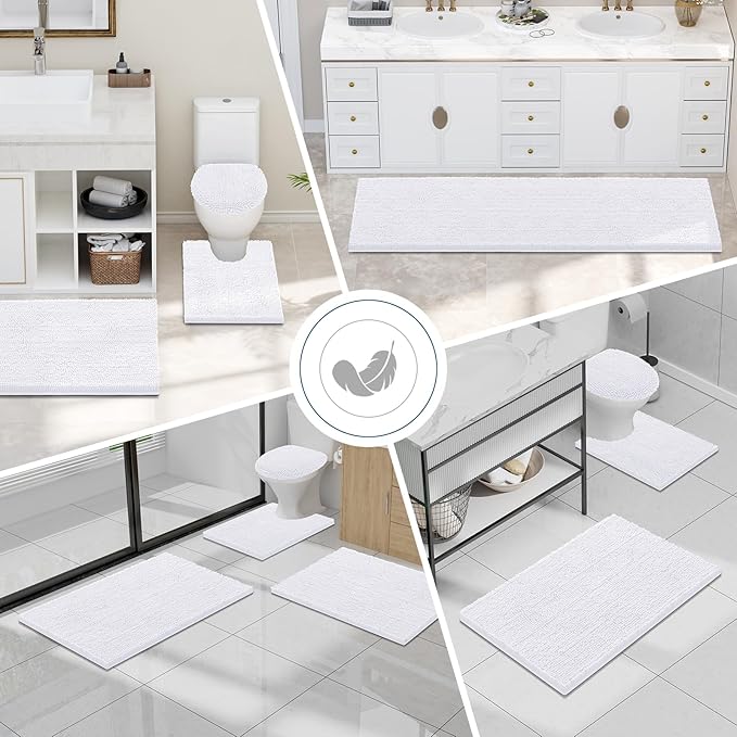 Smiry Luxury Chenille Bathroom Rugs 30x20, Extra Soft and Absorbent Shaggy Bath Mat, Machine Washable, Non-Slip Plush Carpet Runner for Tub, Shower, and Floor, Home Decor Accessories, White