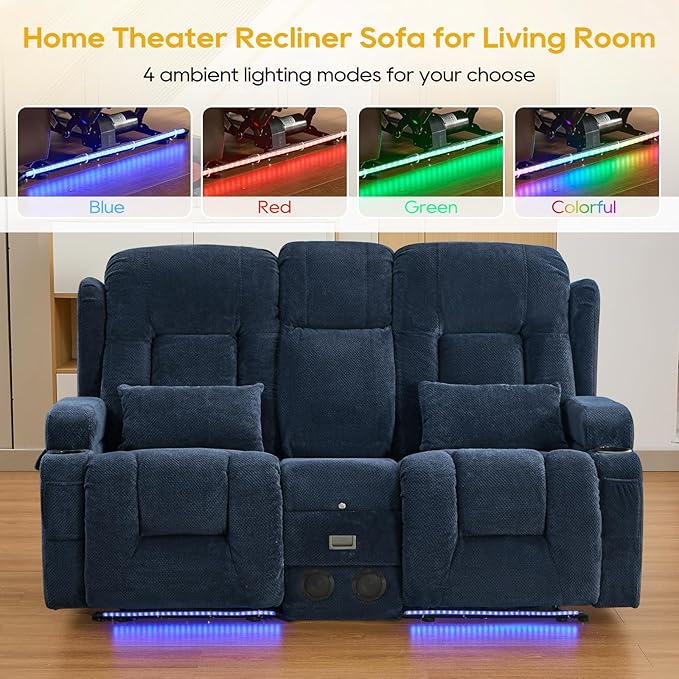 IPKIG 67" Power Reclining Loveseat Sofa, Electric Home Theater Seating with Console/4 Colors Ambient Lighting/Bluetooth Speakers/USB Ports/Built-in Outlets (Navy Blue, Loveseat Recliner)