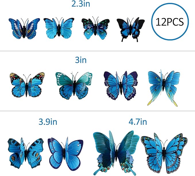 12PCS Butterfly Wall Decals Removable 3D Blue Butterflies Sticker with Magnets for Home Bedroom Kids Room Decor (Double Layer-Blue/12PCS)